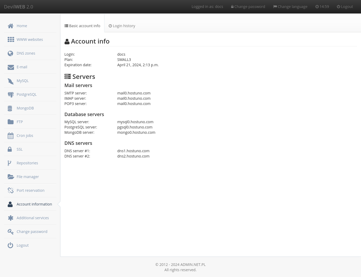 Information about the account